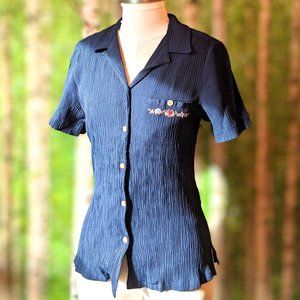 Vintage 1990s Jaclyn Smith Crinkle Pleated 1940s Retro Embroidered Blouse